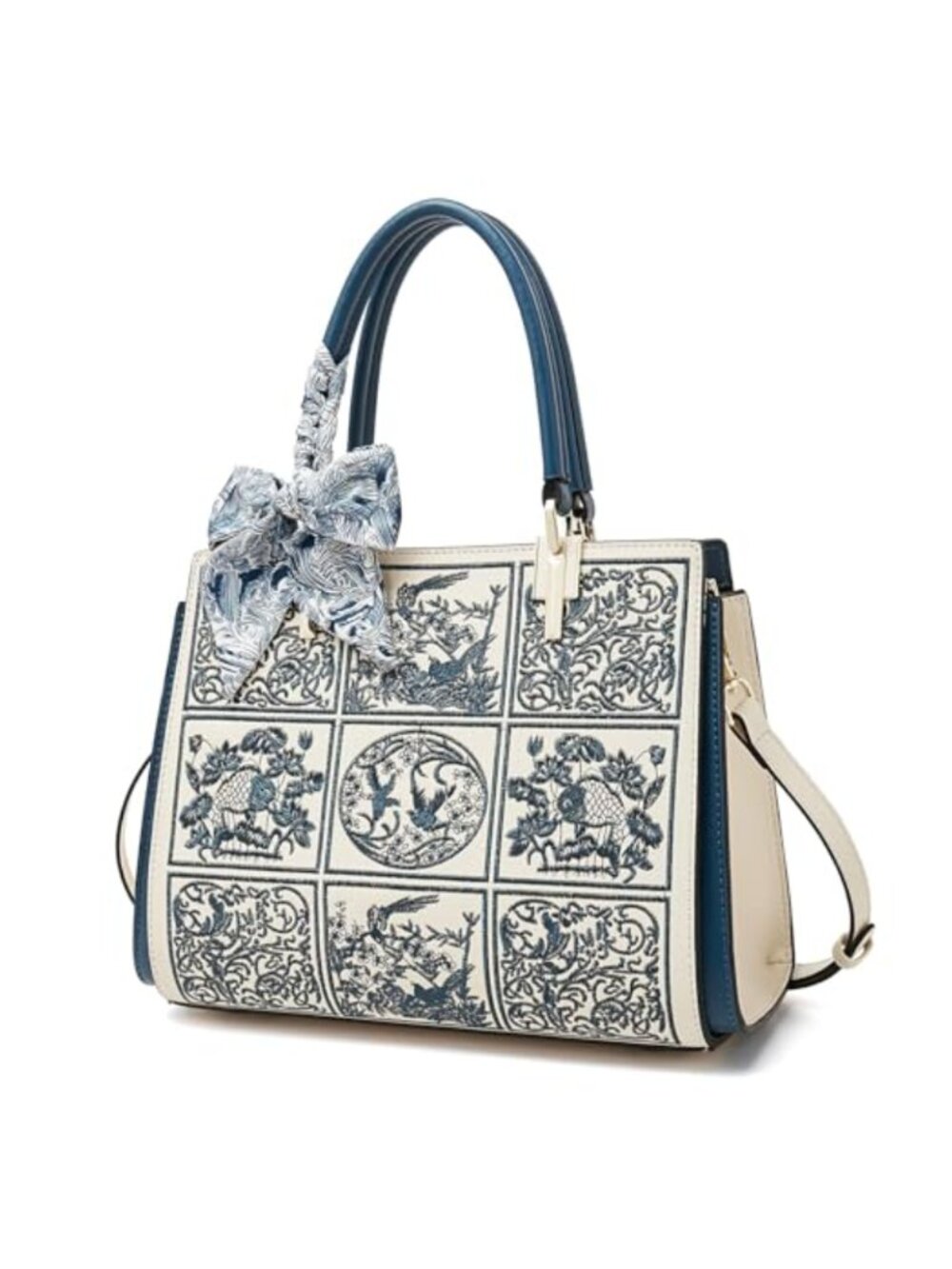 Vintage Embroidery Leather Satchel Top Handle Crossbody Shoulder Bag